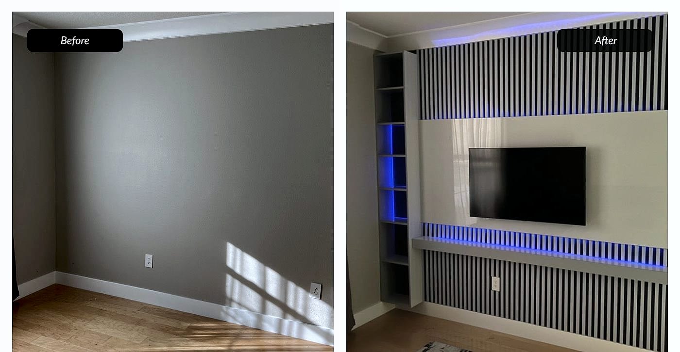 Before and after: slat media wall with led lighting