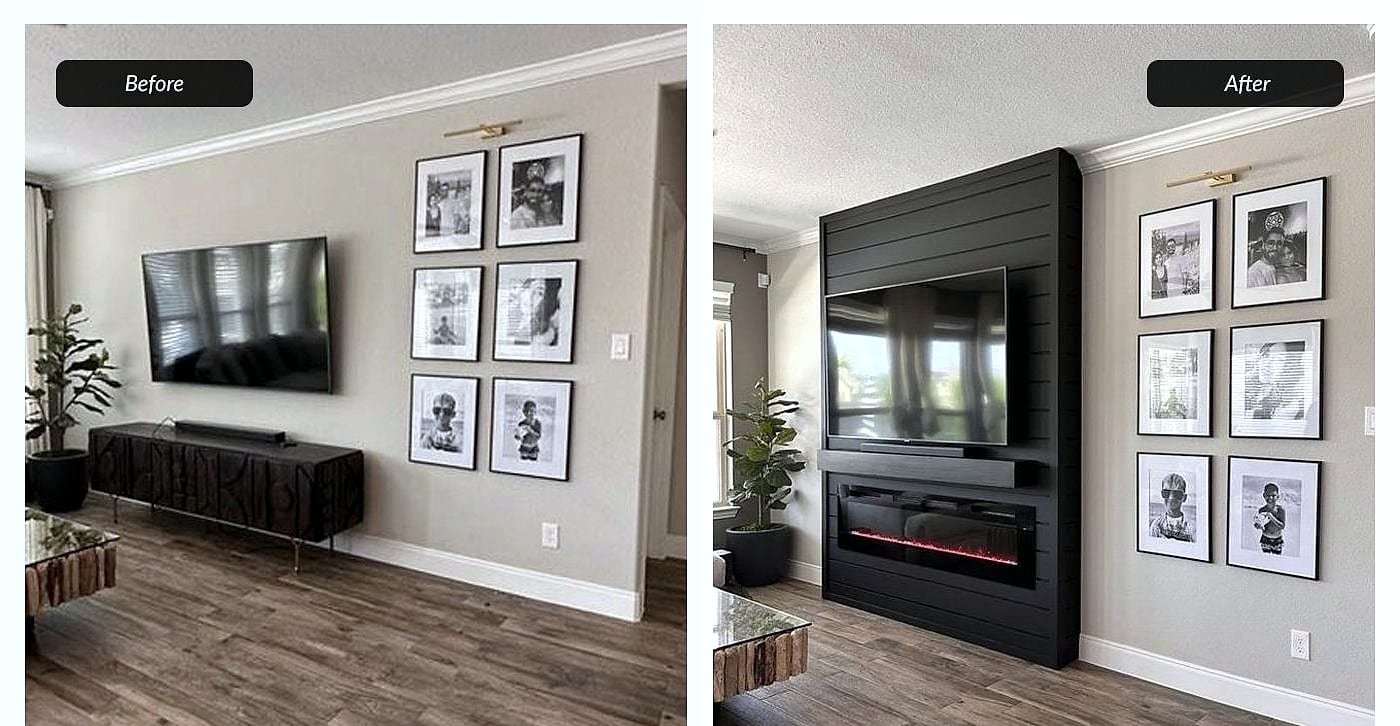 Before and after: shiplap fireplace tv wall