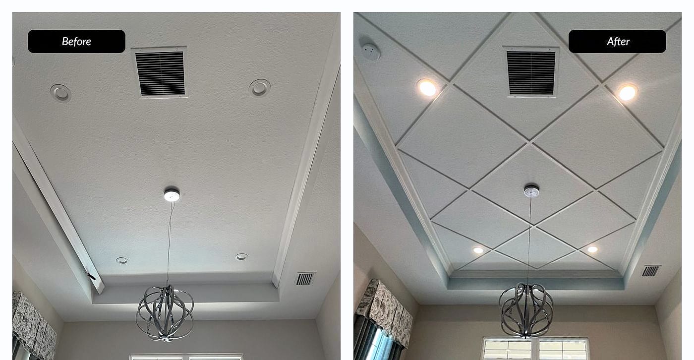 Before and after: diamond-pattern ceiling trim