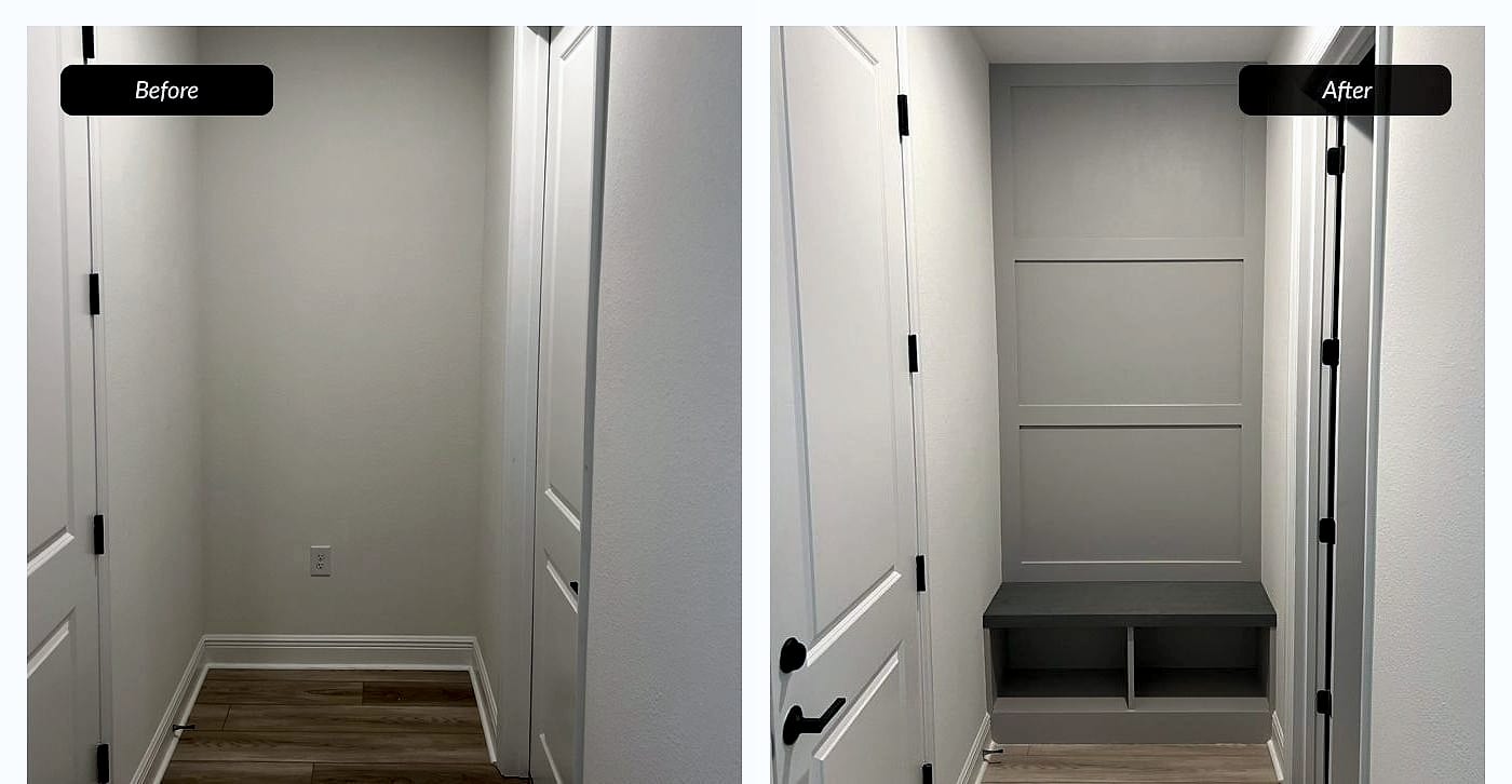 Before and after: mudroom bench nook