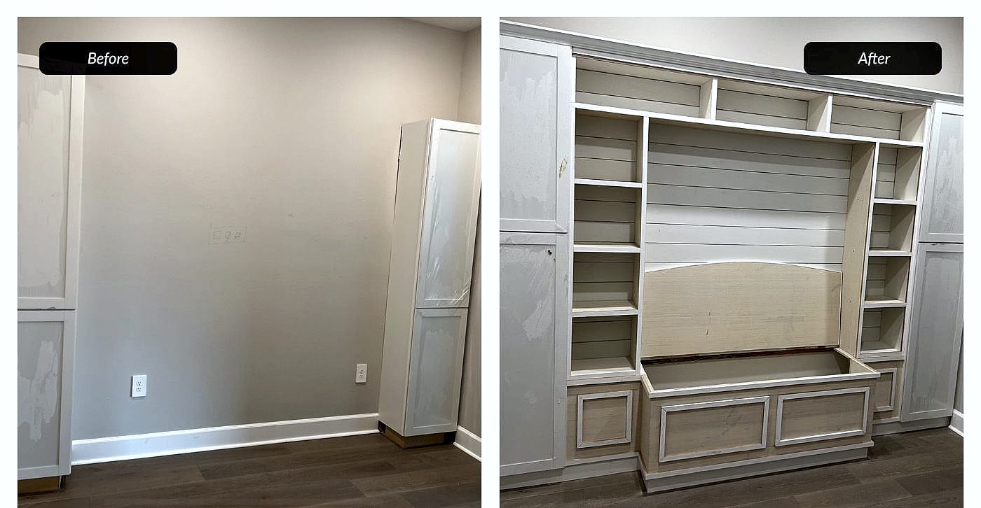 Before and after: media wall with bench storage