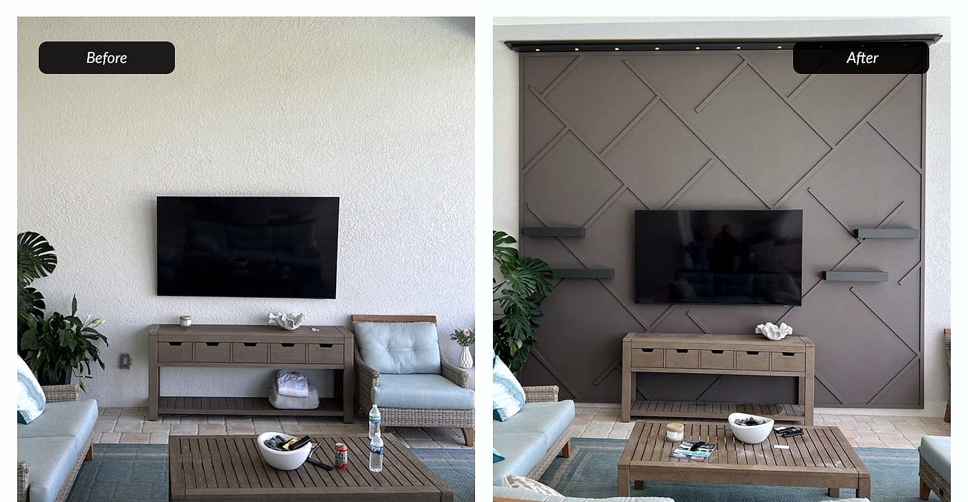 Before and after: diagonal panel tv wall