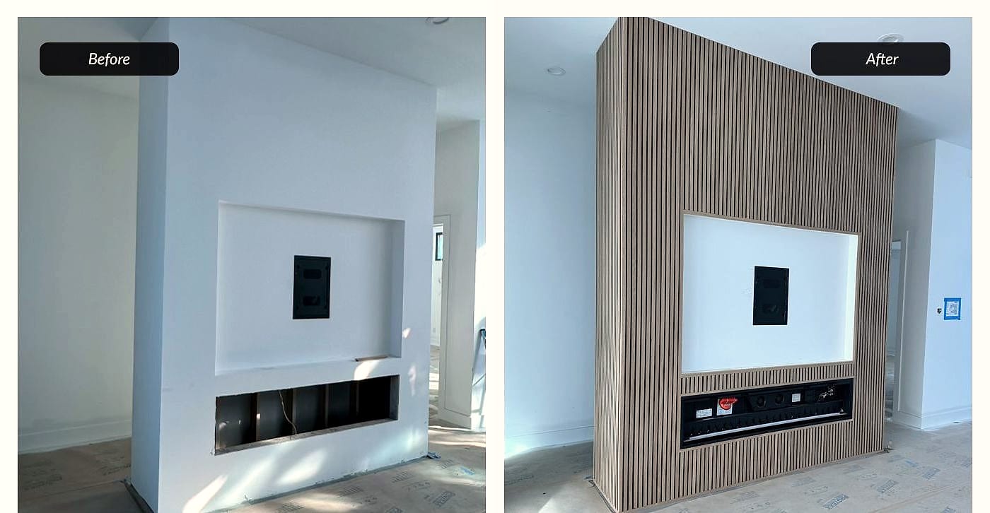 Before and after: slat fireplace wall