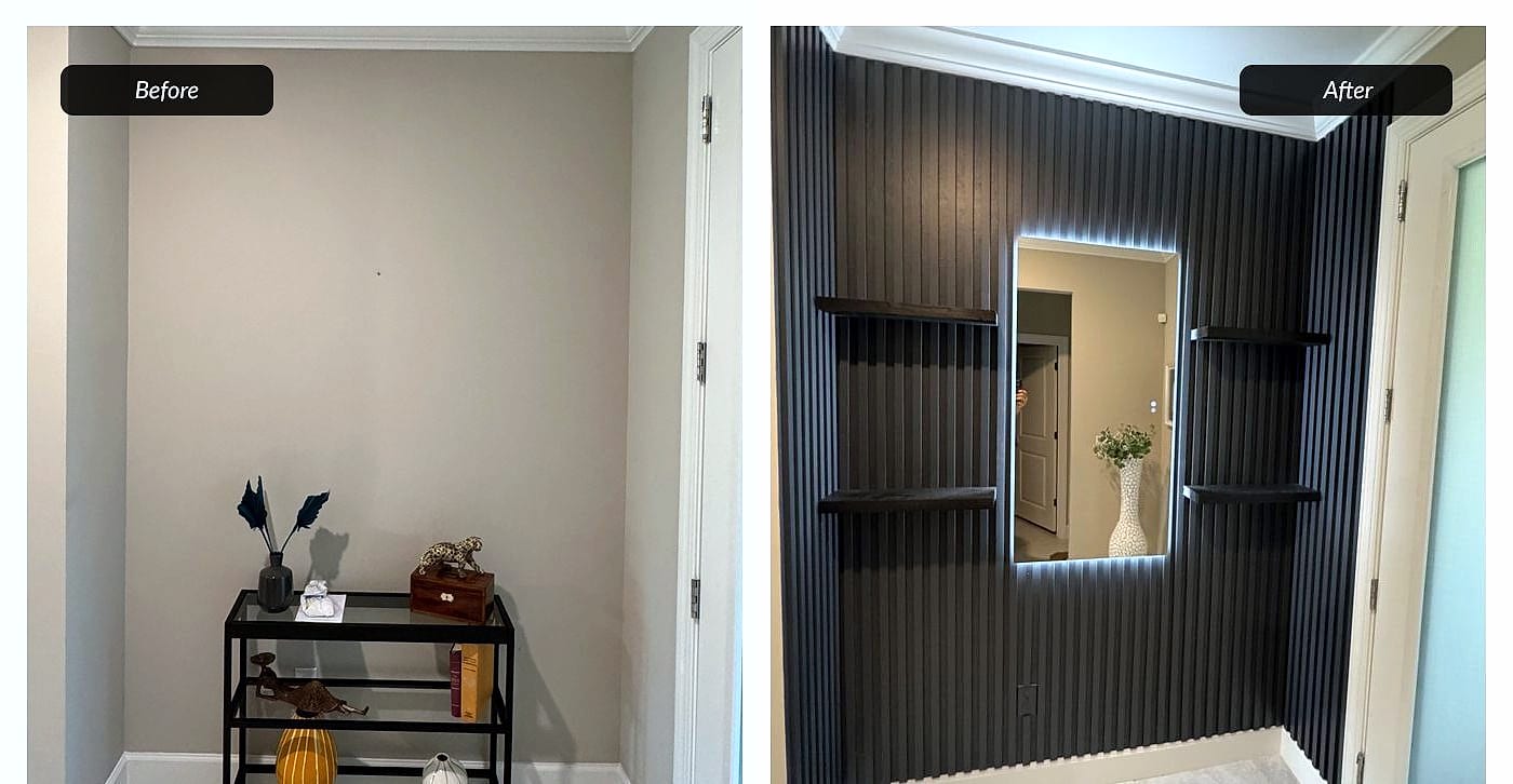 Before and after: slat wall with lit mirror