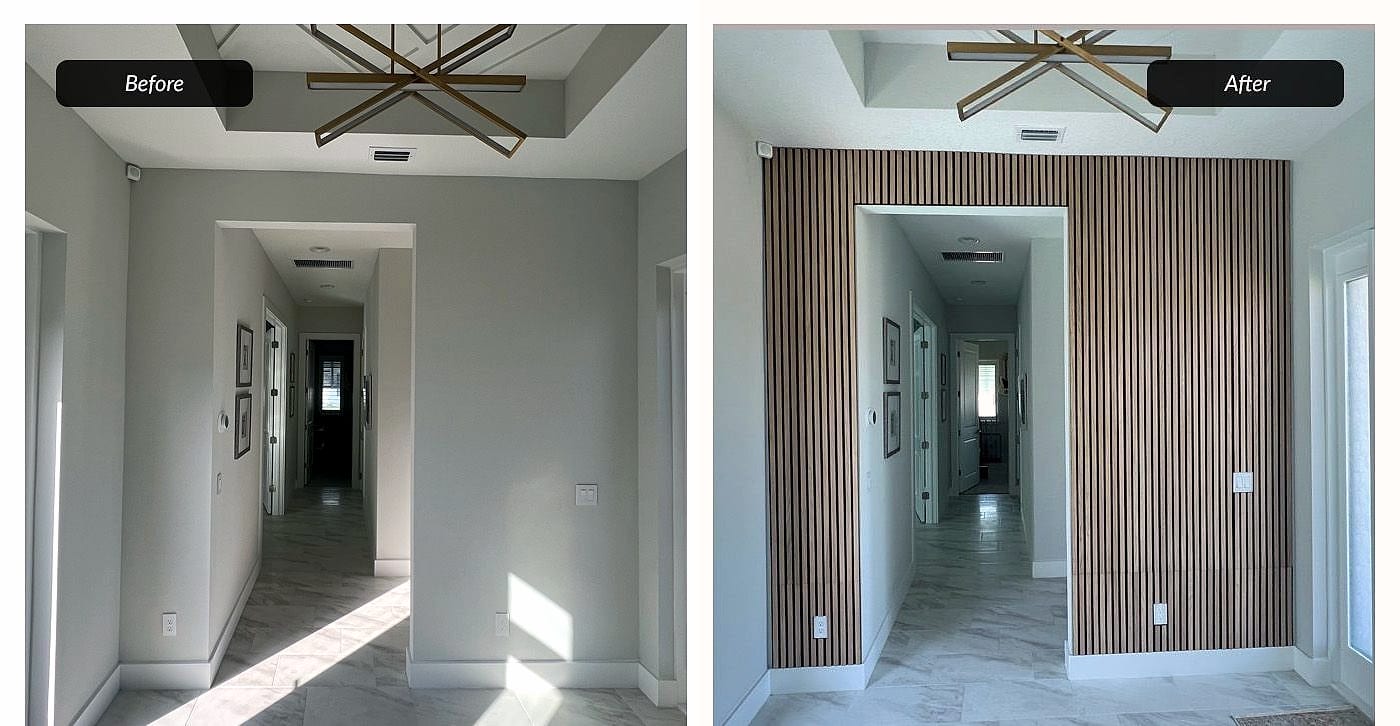 Before and after: wood slat hallway wall