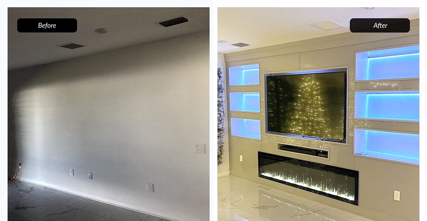 Before and after: lit media wall with fireplace