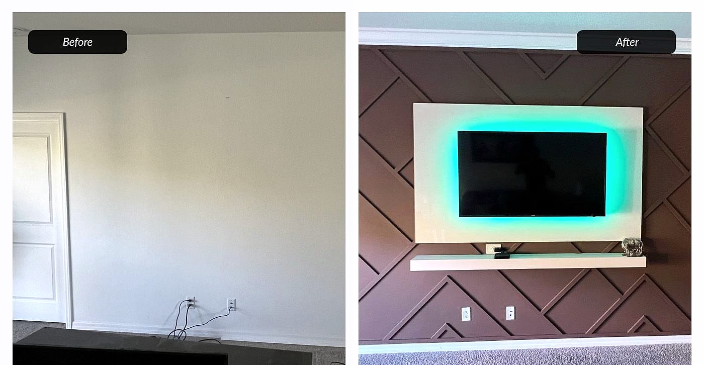 Before and after: diagonal panel tv wall