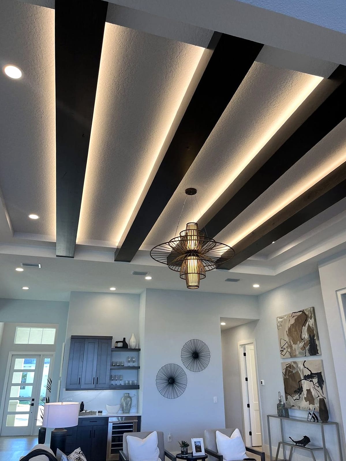 Dark box beam ceiling with LED cove lighting