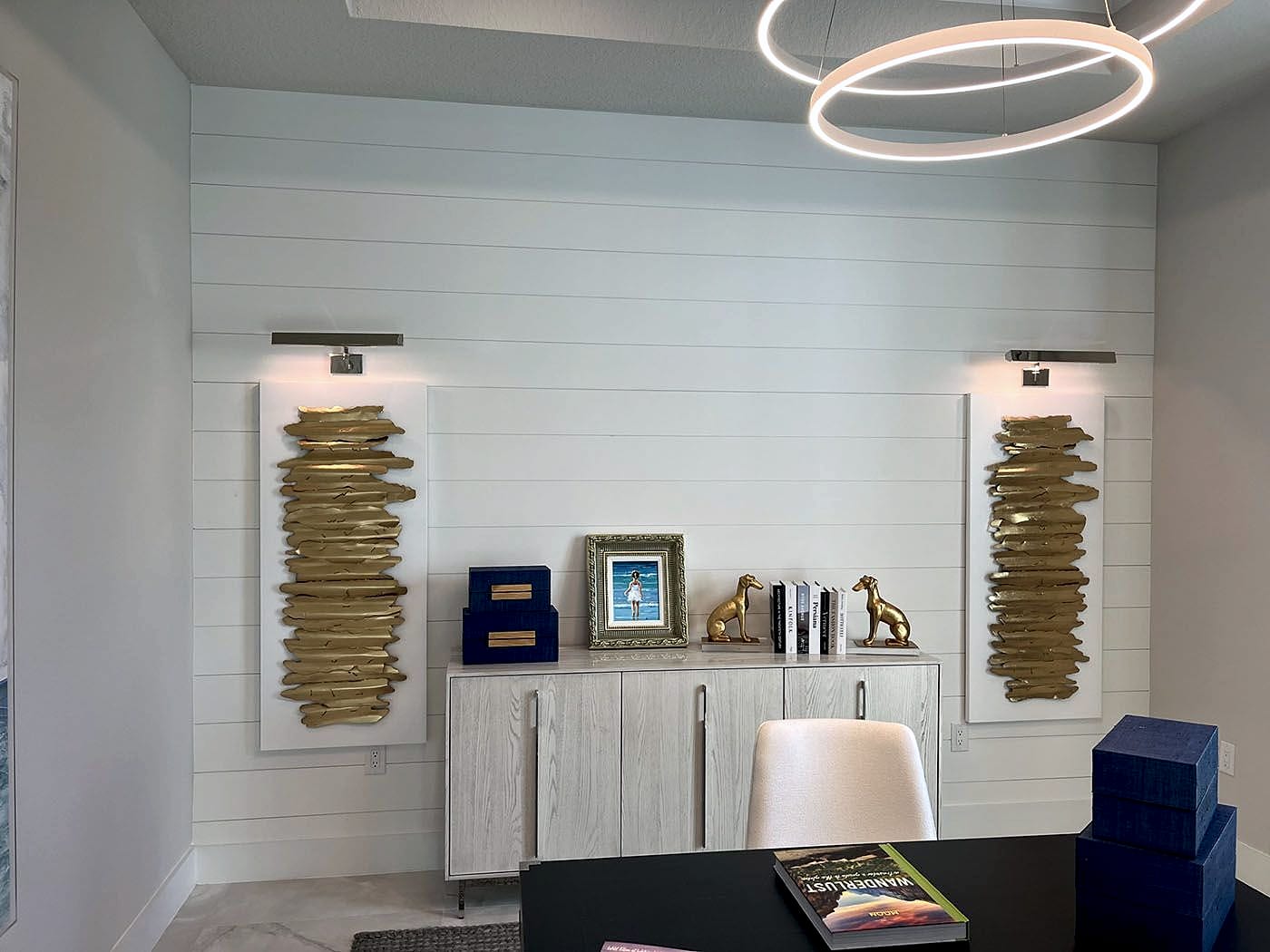 Shiplap feature wall in a home office