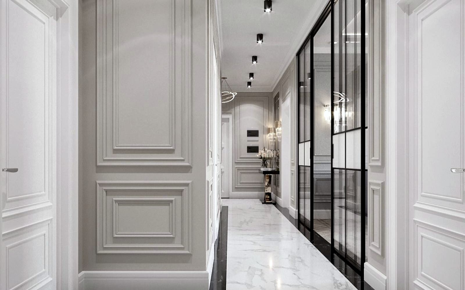 Paneled wainscoting wall detail in a luxury hallway